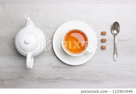 Cup of Tea on a light wooden background 122903946