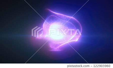 Glowing purple particles creating a floating sphere shape with intense light at its core, set against a deep violet background 122903960