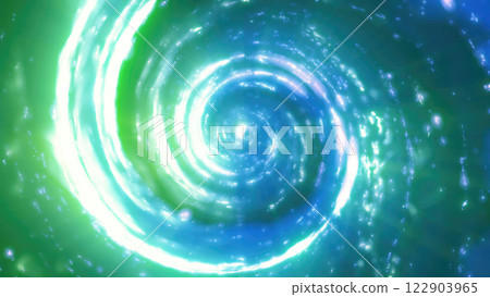 Glowing green and blue spiral forming a vibrant whirlpool in deep space, suggesting cosmic energy and the mysteries of the universe 122903965