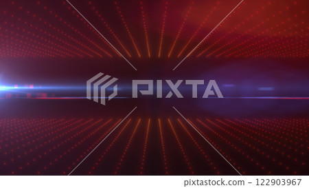 Abstract futuristic grid with red glowing points and golden light source, depicting digital technology and data visualization concepts 122903967