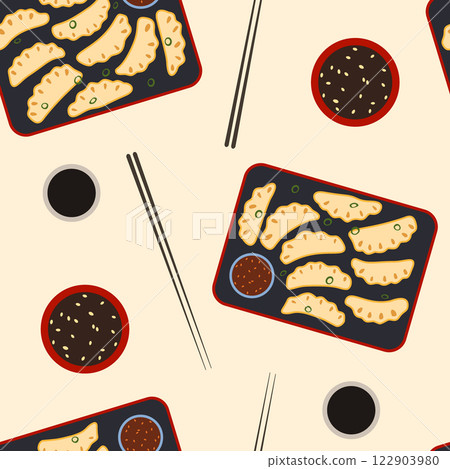 Delicious gyoza vector seamless pattern. Korean dumplings mandu on serving plate, chopsticks and sauce on light background. Traditional asian dish repeat design for menu, packaging, decoration 122903980