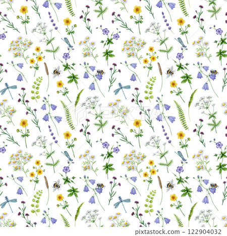 Meadow flowers seamless pattern decor element. Hand drawn watercolor vintage style illustration. Elegant wildflowers, chamomile, bluebell flowers, bumble bee and dragonflies on white background 122904032