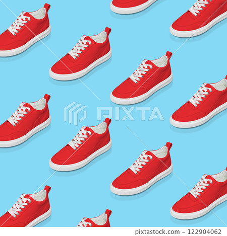 Red sneaker on a blue background. Pop art design. Flat minimal lay style. 122904062