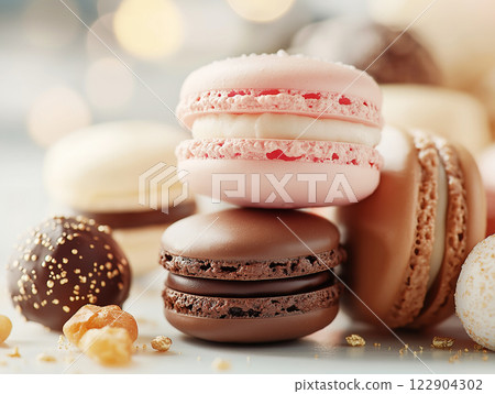 Elegant macarons and chocolate truffles in soft pastel tones 122904302
