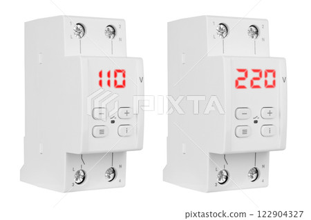 Automatic circuit breakers relay, on a white Automatic circuit breakers relay, on a white 122904327