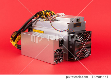 Cryptocurrency mining farm for bitcoin and altcoins mining on red 122904341