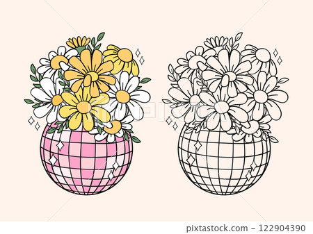 Flowers in a Disco Ball Planter, Hand Drawn in a Coquette Aesthetic Flowers in a Disco Ball Planter, Hand Drawn in a Coquette Aesthetic 122904390