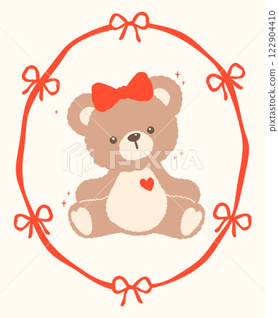 Whimsical Valentine Coquette Teddy Bear with Bow Hair and Red Heart in Ribbon Frame Cartoon Hand Drawn flat design Whimsical Valentine Coquette Teddy Bear with Bow Hair and Red Heart in Ribbon Frame Cartoon Hand Drawn flat design 122904410