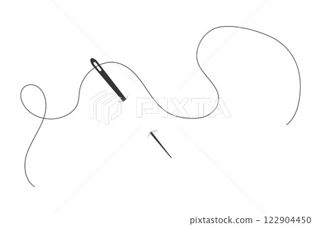 Needle with thread doodle simple icon, line embroidery decoration. Curvy thread sewing, tailor tool silhouette. Needle with thread doodle simple icon, line embroidery decoration. Curvy thread sewing, tailor tool silhouette. 122904450