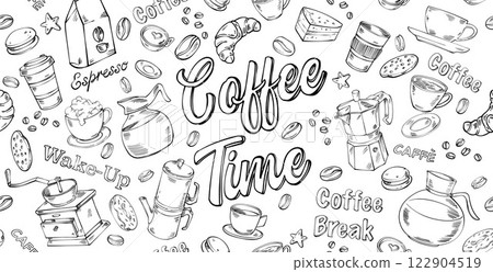 Doodle coffee shop background. Outline hand drawn set icon. vector illustration 122904519