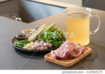 Raw Pork and herb ingredients, preparation for Cooking in Thai food menu. Raw Pork and herb ingredients, preparation for Cooking in Thai food menu. 122904575