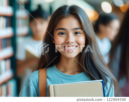 Smiling young female student holding books in a library 122904590