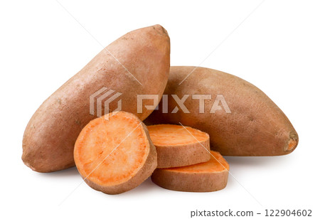 Sweet potato and pieces on a white background. Isolated, 122904602