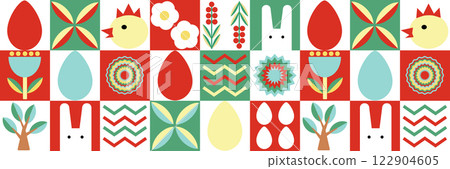 Seamless Easter pattern in modern minimalist style with geometric shapes, eggs. Abstract template for poster, branding, advertising, postcard, prints, banner. 122904605