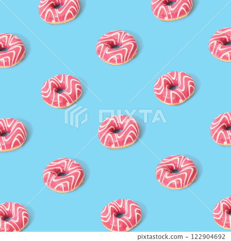 Donuts on blue background. Top view. Pop art design. 122904692