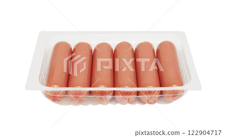 Boiled Sausages in pack isolated on white 122904717