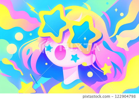 Colorful and pop illustration of a girl wearing star-shaped sunglasses 122904798