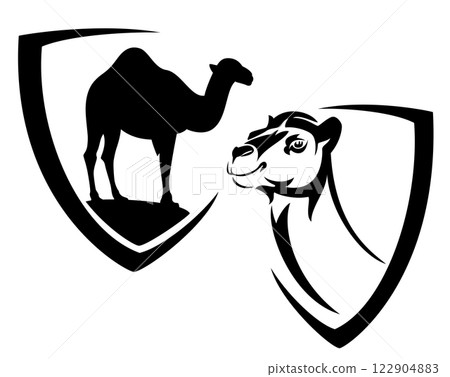heraldic shield with dromedary camel head and silhouette vector design set 122904883