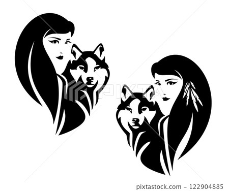 woman with her pet wolf or husky dog black and white vector head portrait woman with her pet wolf or husky dog black and white vector head portrait 122904885