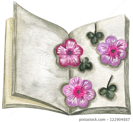 Watercolor illustration of an expanded book with viola flowers. Open book brown colors. Vintage old textbooks watercolor hand drawn. Watercolor illustration of an expanded book with viola flowers. Open book brown colors. Vintage old textbooks watercolor hand drawn. 122904887