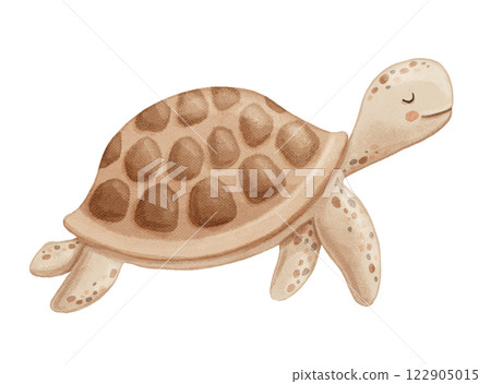 Cute turtle, sea animal character in neutral colors, watercolor hand drawn isolated illustration for baby Cute turtle, sea animal character in neutral colors, watercolor hand drawn isolated illustration for baby 122905015