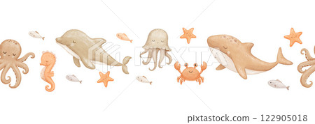 Seamless border with baby whale, octopus and jellyfish, sea animals, watercolor hand drawn isolated repeating design on white for kids 122905018