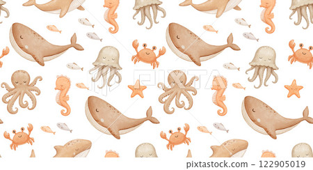 Seamless pattern with baby whale, octopus and jellyfish, sea animals, watercolor hand drawn isolated repeating design on white for kids 122905019