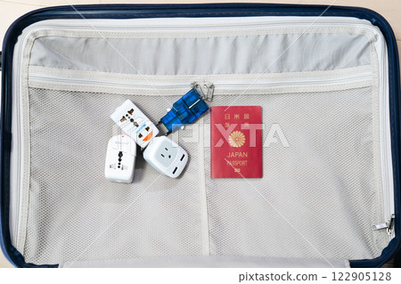 Suitcase, passport and adapter set for international travel 122905128