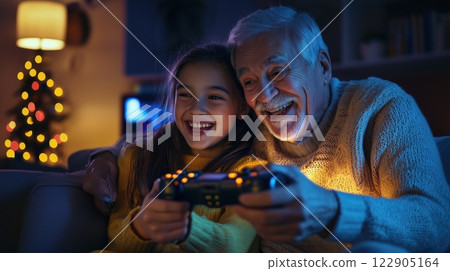 Joyful Bonding Teenage Girl and Grandfather Choose Fun in Video Games at Home 122905164