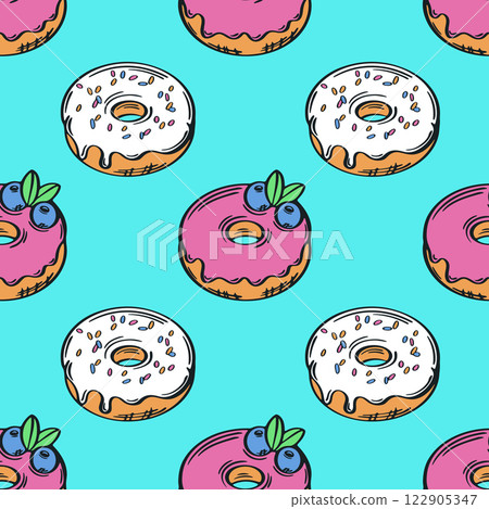 Donut colorful seamless pattern vector illustration. Donut colorful seamless pattern vector illustration. 122905347