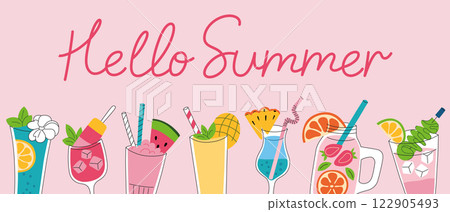 Hello summer banner with hand lettering, vector illustrations of refreshing drinks, flat cartoon doodle icons of cocktails and beverages on pink background. Bright, colorful and cheerful design 122905493