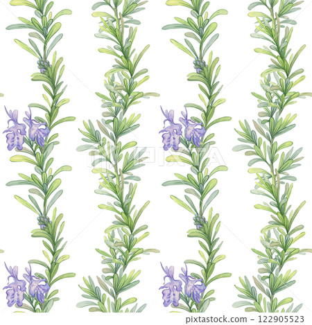 Seamless pattern of blooming rosemary branches. Watercolor botanical illustration. Fresh green stems suitable for decorating fabrics, kitchen design, packaging natural products 122905523