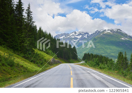 Road mountain, highway and countryside environment with freedom for travel, summer snow in Alaska and street or adventure. Landscape of calm driveway path in nature for transportation on holiday Road mountain, highway and countryside environment with freedom for travel, summer snow in Alaska and street or adventure. Landscape of calm driveway path in nature for transportation on holiday 122905841