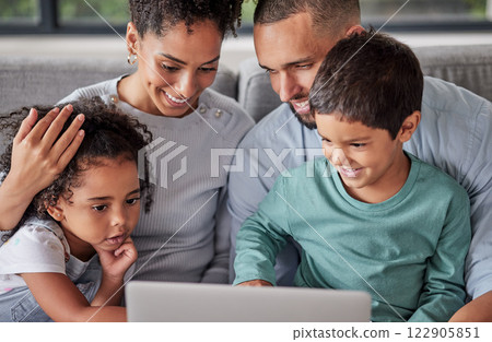 Mother, father and children bond with laptop for movie streaming, video call or internet search on house or home living room sofa. Smile, happy and relax man, woman or parents with kids or technology 122905851