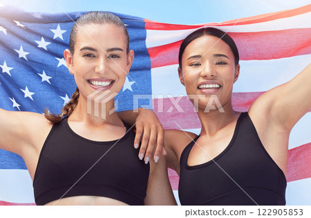 American flag, women and athlete portrait smile, freedom and justice patriotic symbol for female athletes. Teamwork, collaboration and sports girls with flag for global competition contest. American flag, women and athlete portrait smile, freedom and justice patriotic symbol for female athletes. Teamwork, collaboration and sports girls with flag for global competition contest. 122905853