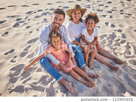 Travel, relax and sand with family at beach for Cancun Mexico vacation for summer, happy and love. Support, smile and portrait of parents and children on holiday for health, wellness and lifestyle 122905858