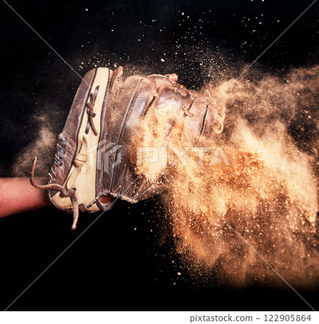 Baseball, game glove and dirt studio background for catch action in sports match. Isolated leather softball athlete equipment for score in tournament with black wall for mock up. 122905864