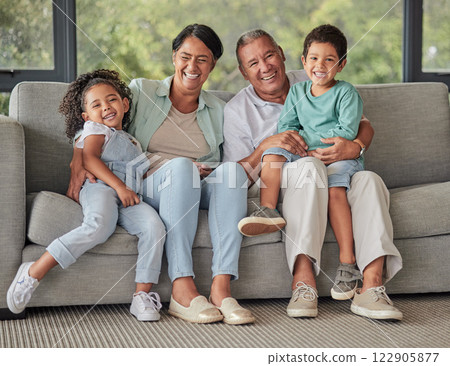 Laughing grandparents, children and bonding on sofa in Brazil house or home living room in trust, security or safety. Family portrait, smile or comic kids with retirement senior man and woman support Laughing grandparents, children and bonding on sofa in Brazil house or home living room in trust, security or safety. Family portrait, smile or comic kids with retirement senior man and woman support 122905877