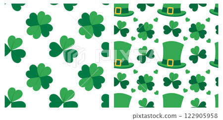 Shamrock, Quatrefoil, Leprechaun hats and Decorative hearts Seamless Pattern St Patrick Day backdrop 122905958