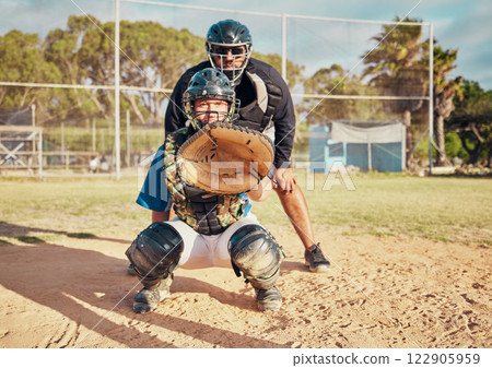 Baseball, sport and training with a sports man or catcher on a field for a competitive game or match outside. Exercise, fitness and workout with a male athlete in uniform for health and competition Baseball, sport and training with a sports man or catcher on a field for a competitive game or match outside. Exercise, fitness and workout with a male athlete in uniform for health and competition 122905959