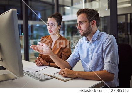Team collaboration, marketing at night and computer planning for ideas, inspiration and strategy in startup company. Business people in advertising working online, meeting and talk with internet tech 122905962