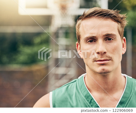 Basketball, fitness man and face with goals for wellness exercise, competition workout or professional training. Portrait, sports athlete and player with mindset for match or game on court 122906069
