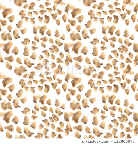 Leopard motifs, blots of wild animals on repeated background. Watercolor desert print of giraffe specks mocha colors isolated on white. Monochrome spots in brown hand painted for textile, packaging. Leopard motifs, blots of wild animals on repeated background. Watercolor desert print of giraffe specks mocha colors isolated on white. Monochrome spots in brown hand painted for textile, packaging. 122906073