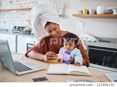 Mother, baby and down syndrome with laptop for work on web, study or education in house. Multitasking, mom and child with computer, book and toys for learning, play and working while home in kitchen Mother, baby and down syndrome with laptop for work on web, study or education in house. Multitasking, mom and child with computer, book and toys for learning, play and working while home in kitchen 122906150