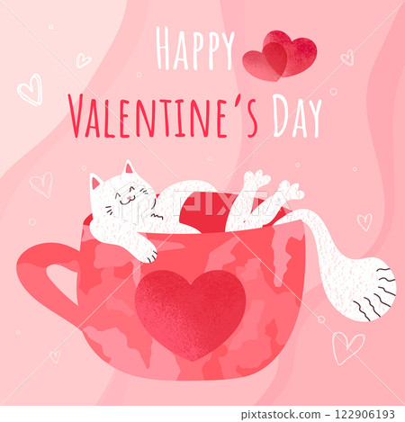 Valentine card with cute hand drawn white cat in a cup with heart. Cute cat in love. Vector template, cover, invitation 122906193