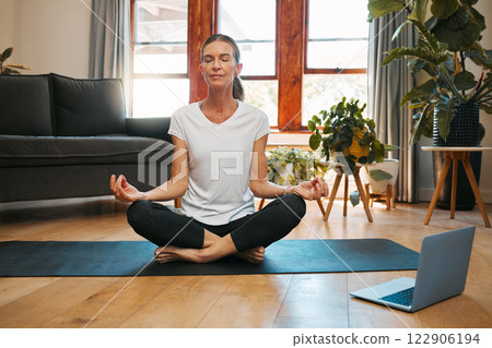 Meditation, laptop and elderly woman learning zen workout online tutorial in living room, happy and content. Fitness, peace and yoga for beginner by senior female enjoy retirement healthy activity Meditation, laptop and elderly woman learning zen workout online tutorial in living room, happy and content. Fitness, peace and yoga for beginner by senior female enjoy retirement healthy activity 122906194