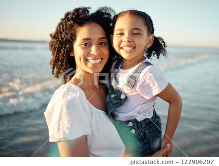 Family at beach for vacation, black mother and child play in the ocean. Sand, sun and ocean waves are great rest for mental health. Seaside holiday is fun for kids, parents and healthy stress relief Family at beach for vacation, black mother and child play in the ocean. Sand, sun and ocean waves are great rest for mental health. Seaside holiday is fun for kids, parents and healthy stress relief 122906207
