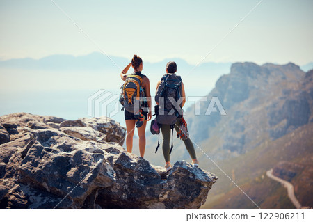 Nature, travel and hiking friends on mountain landscape with fitness, wellness and workout in summer. Freedom, rock sport or couple with backpack, health and sports exercise or training Nature, travel and hiking friends on mountain landscape with fitness, wellness and workout in summer. Freedom, rock sport or couple with backpack, health and sports exercise or training 122906211