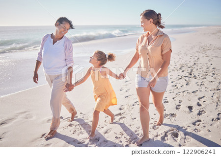 Family smile at beach, mom and grandmother hold hands with girl child on holiday. Children love vacation by the sea, happy grandma in retirement and walking in sand together as they relax as a group Family smile at beach, mom and grandmother hold hands with girl child on holiday. Children love vacation by the sea, happy grandma in retirement and walking in sand together as they relax as a group 122906241