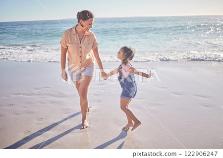 Beach, smile and happy mother with excited girl walking on the sand during summer travel vacation. Wellness, care and freedom with woman and child play together on costa rica family holiday outdoor Beach, smile and happy mother with excited girl walking on the sand during summer travel vacation. Wellness, care and freedom with woman and child play together on costa rica family holiday outdoor 122906247